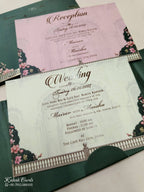 KLB798 Floral Design Green Color Double Door Style Hardboard Padding Thick Wedding Card (2 Page & Couple Initial Acrylic)