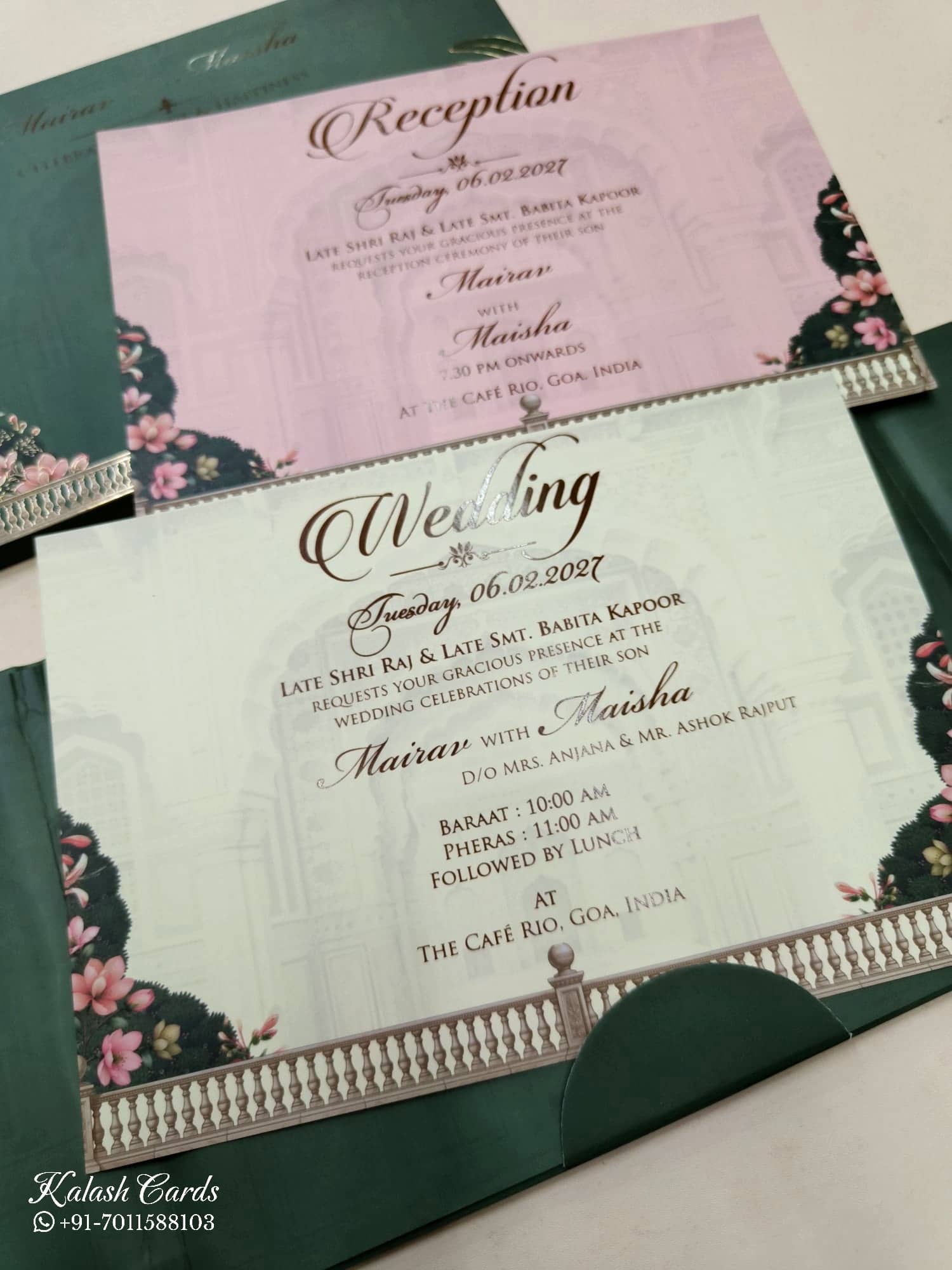 KLB798 Floral Design Green Color Double Door Style Hardboard Padding Thick Wedding Card (2 Page & Couple Initial Acrylic)