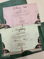 KLB798 Floral Design Green Color Double Door Style Hardboard Padding Thick Wedding Card (2 Page & Couple Initial Acrylic)