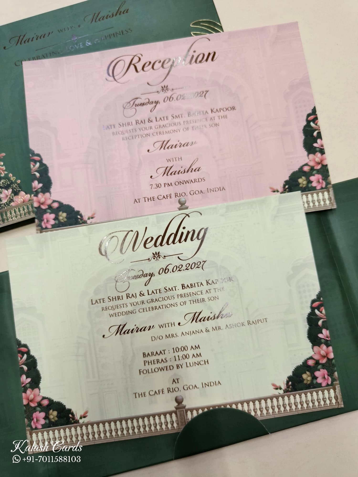 KLB798 Floral Design Green Color Double Door Style Hardboard Padding Thick Wedding Card (2 Page & Couple Initial Acrylic)