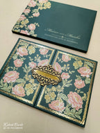KLB799 Rose Floral Design Green Pink Color Double Door Style Hardboard Padding Thick Wedding Card (2 Page & Couple Name Acrylic)