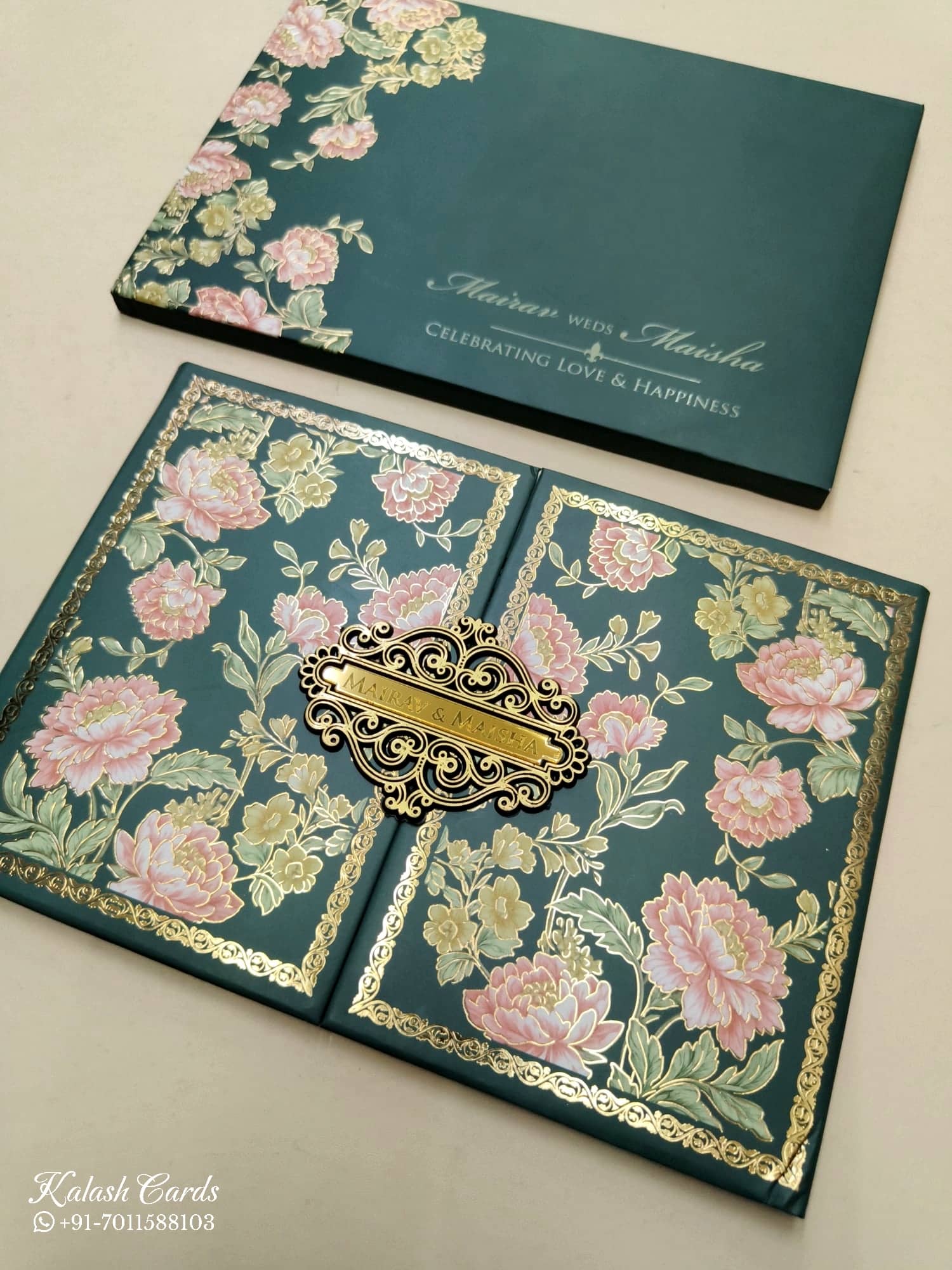 KLB799 Rose Floral Design Green Pink Color Double Door Style Hardboard Padding Thick Wedding Card (2 Page & Couple Name Acrylic)