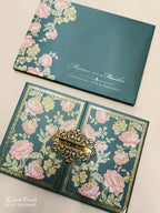 KLB799 Rose Floral Design Green Pink Color Double Door Style Hardboard Padding Thick Wedding Card (2 Page & Couple Name Acrylic)