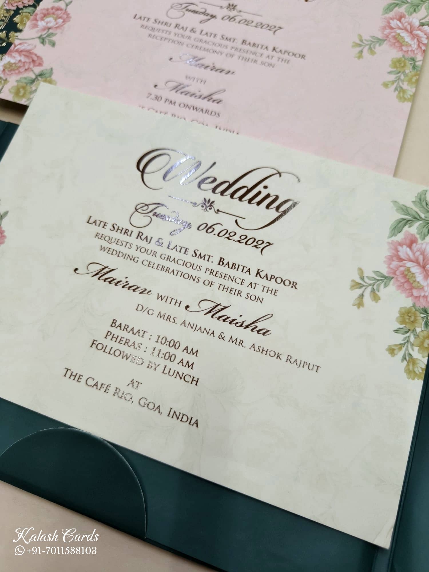 KLB799 Rose Floral Design Green Pink Color Double Door Style Hardboard Padding Thick Wedding Card (2 Page & Couple Name Acrylic)
