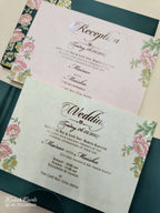KLB799 Rose Floral Design Green Pink Color Double Door Style Hardboard Padding Thick Wedding Card (2 Page & Couple Name Acrylic)