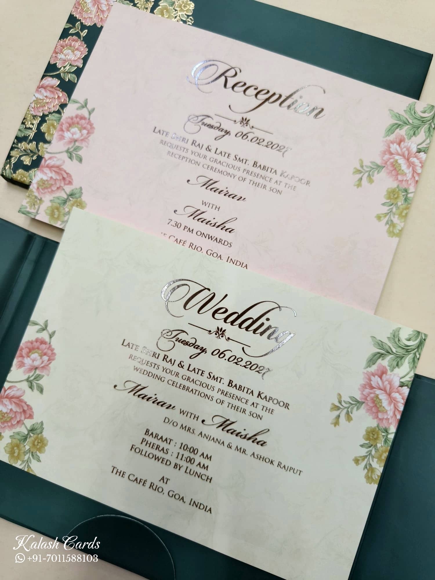 KLB799 Rose Floral Design Green Pink Color Double Door Style Hardboard Padding Thick Wedding Card (2 Page & Couple Name Acrylic)