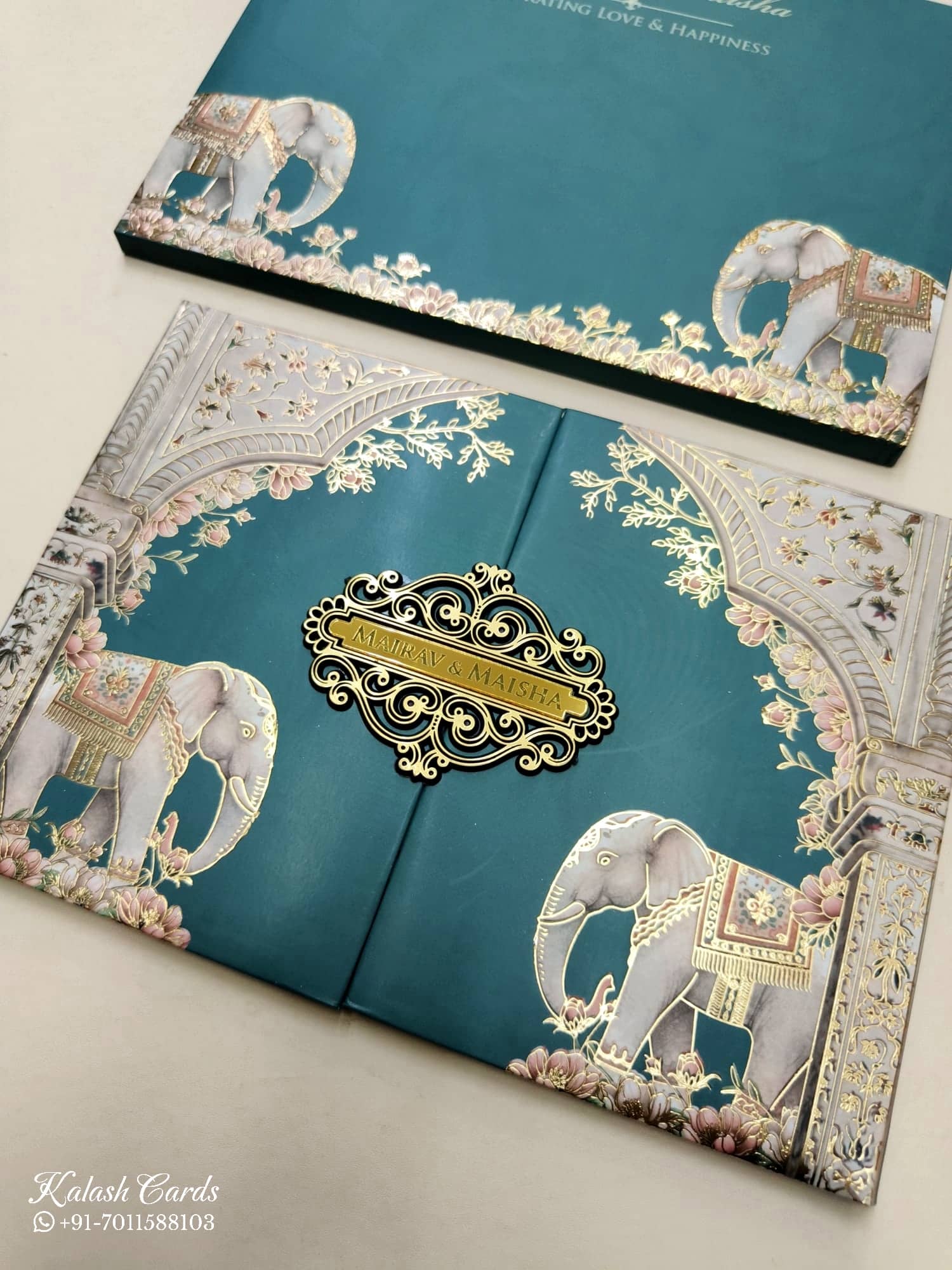 KLB800 Elephant Design Blue Green Color Double Door Style Hardboard Padding Thick Wedding Card (2 Page & Couple Name Acrylic)