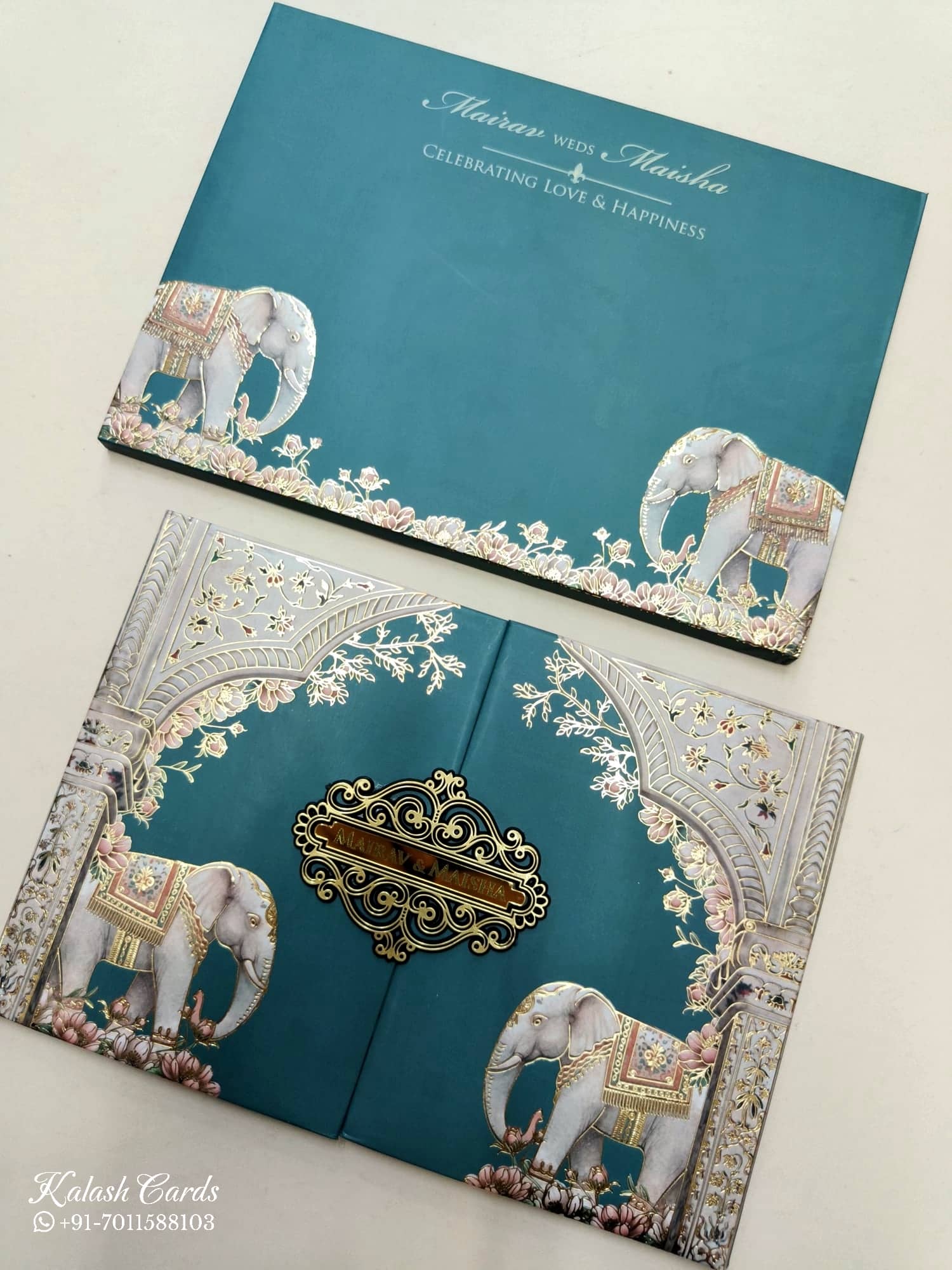 KLB800 Elephant Design Blue Green Color Double Door Style Hardboard Padding Thick Wedding Card (2 Page & Couple Name Acrylic)