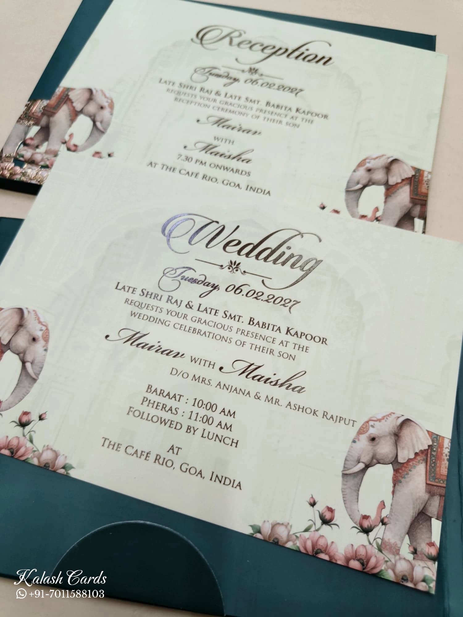 KLB800 Elephant Design Blue Green Color Double Door Style Hardboard Padding Thick Wedding Card (2 Page & Couple Name Acrylic)
