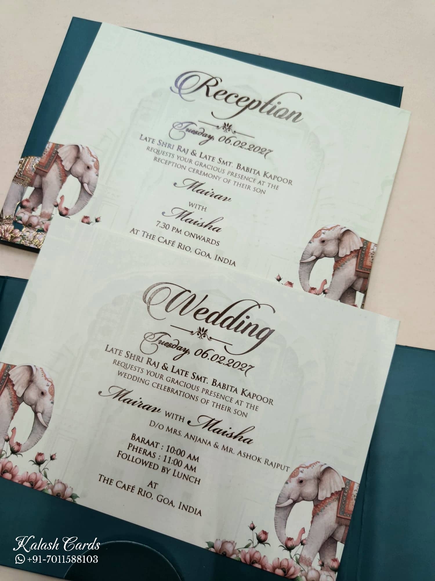KLB800 Elephant Design Blue Green Color Double Door Style Hardboard Padding Thick Wedding Card (2 Page & Couple Name Acrylic)