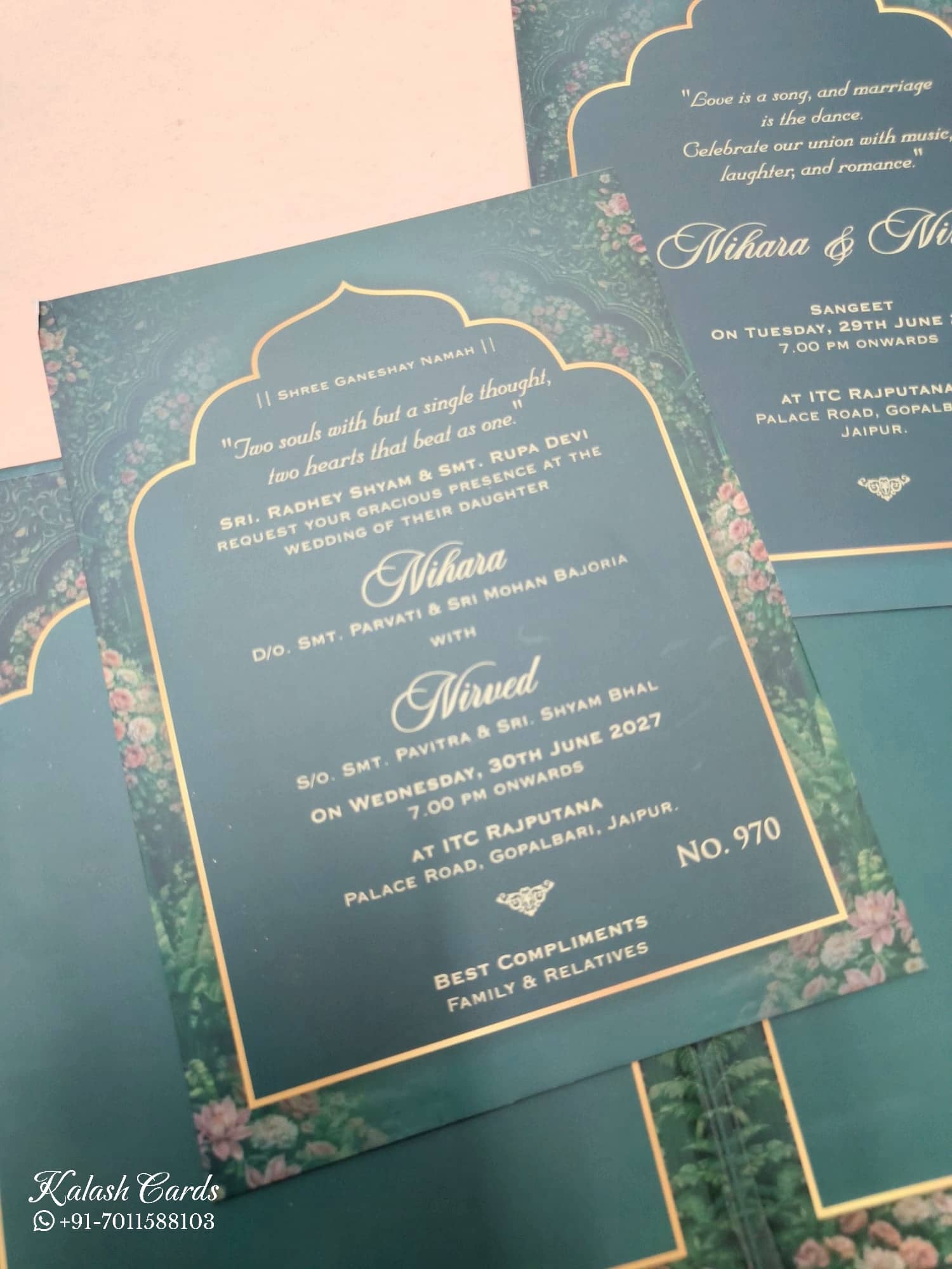 KLB801 Royal Fort Floral Design Green Color Hardboard Padding Thick Wedding Card (2 Page)