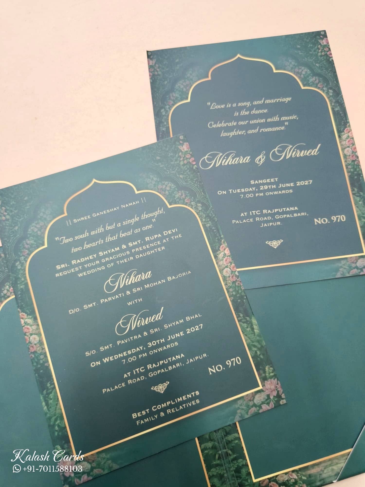 KLB801 Royal Fort Floral Design Green Color Hardboard Padding Thick Wedding Card (2 Page)