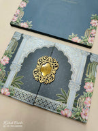 KLB802 Royal Fort Floral Design Blue Color Double Door Style Hardboard Padding Thick Wedding Card (2 Page & Couple Initial Acrylic)