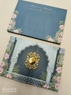 KLB802 Royal Fort Floral Design Blue Color Double Door Style Hardboard Padding Thick Wedding Card (2 Page & Couple Initial Acrylic)