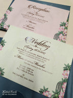 KLB802 Royal Fort Floral Design Blue Color Double Door Style Hardboard Padding Thick Wedding Card (2 Page & Couple Initial Acrylic)