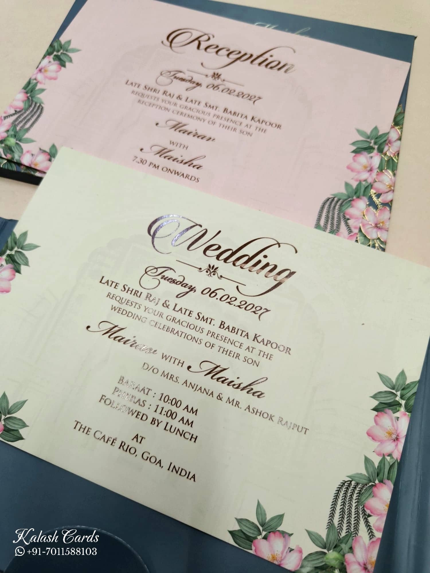 KLB802 Royal Fort Floral Design Blue Color Double Door Style Hardboard Padding Thick Wedding Card (2 Page & Couple Initial Acrylic)