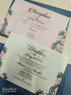 KLB802 Royal Fort Floral Design Blue Color Double Door Style Hardboard Padding Thick Wedding Card (2 Page & Couple Initial Acrylic)