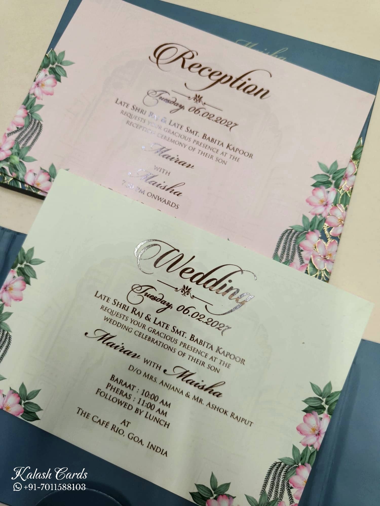 KLB802 Royal Fort Floral Design Blue Color Double Door Style Hardboard Padding Thick Wedding Card (2 Page & Couple Initial Acrylic)