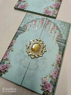 KLB803 Rose Floral Design Green Color Double Door Style Hardboard Padding Thick Wedding Card (2 Page & Couple Initial Acrylic)