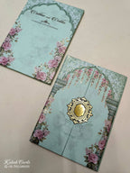 KLB803 Rose Floral Design Green Color Double Door Style Hardboard Padding Thick Wedding Card (2 Page & Couple Initial Acrylic)