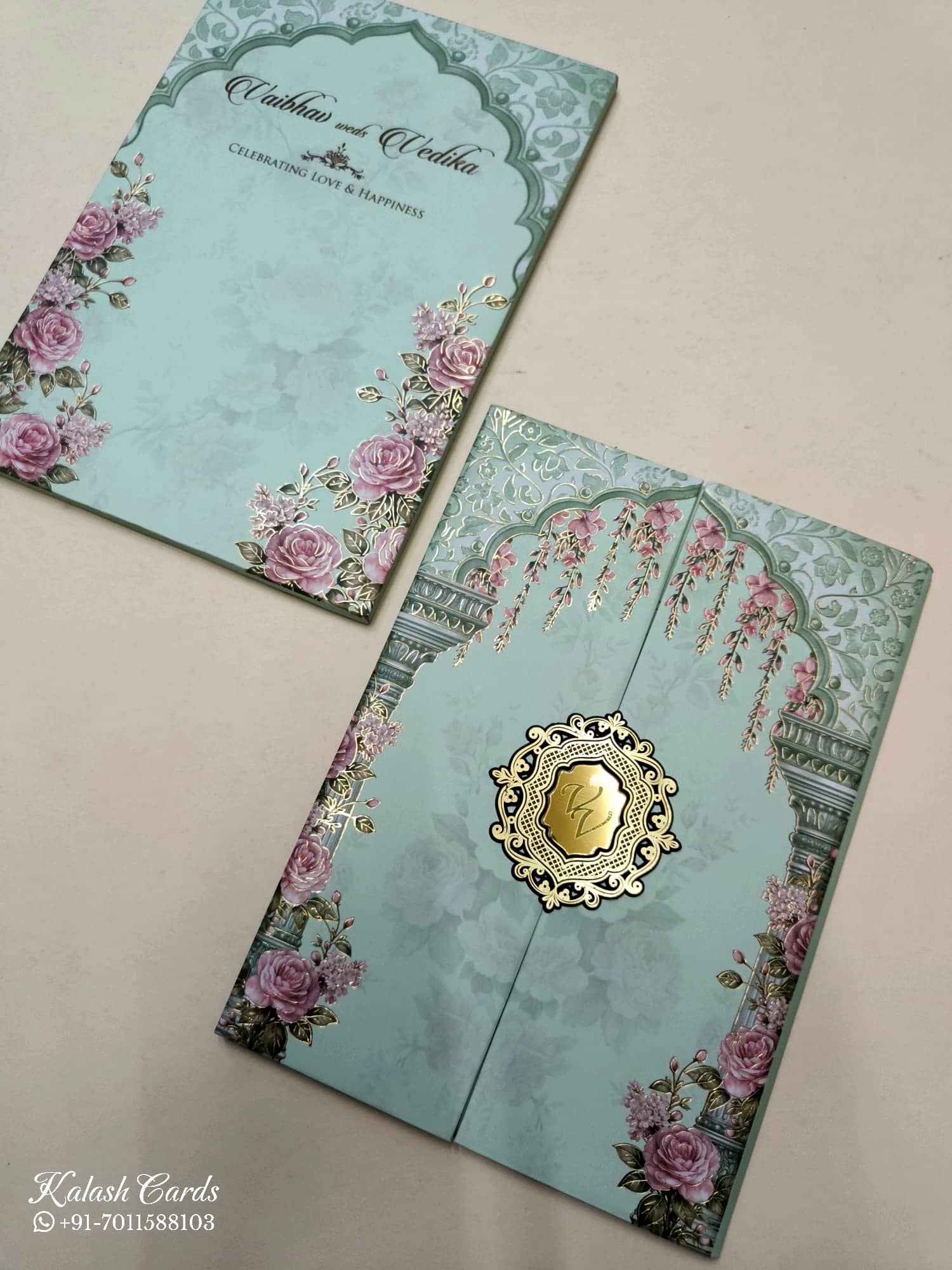 KLB803 Rose Floral Design Green Color Double Door Style Hardboard Padding Thick Wedding Card (2 Page & Couple Initial Acrylic)