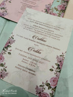KLB803 Rose Floral Design Green Color Double Door Style Hardboard Padding Thick Wedding Card (2 Page & Couple Initial Acrylic)