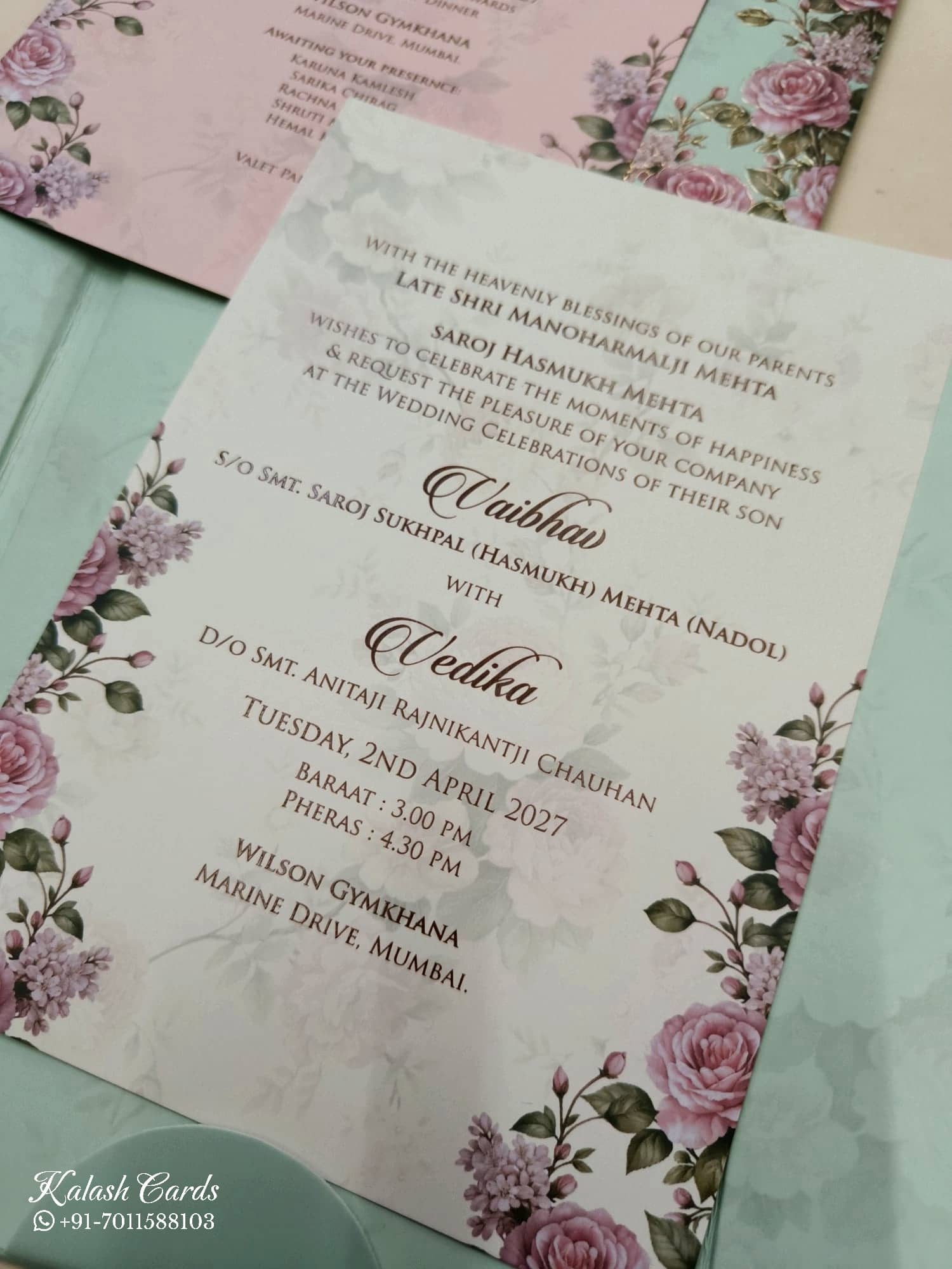 KLB803 Rose Floral Design Green Color Double Door Style Hardboard Padding Thick Wedding Card (2 Page & Couple Initial Acrylic)