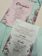 KLB803 Rose Floral Design Green Color Double Door Style Hardboard Padding Thick Wedding Card (2 Page & Couple Initial Acrylic)