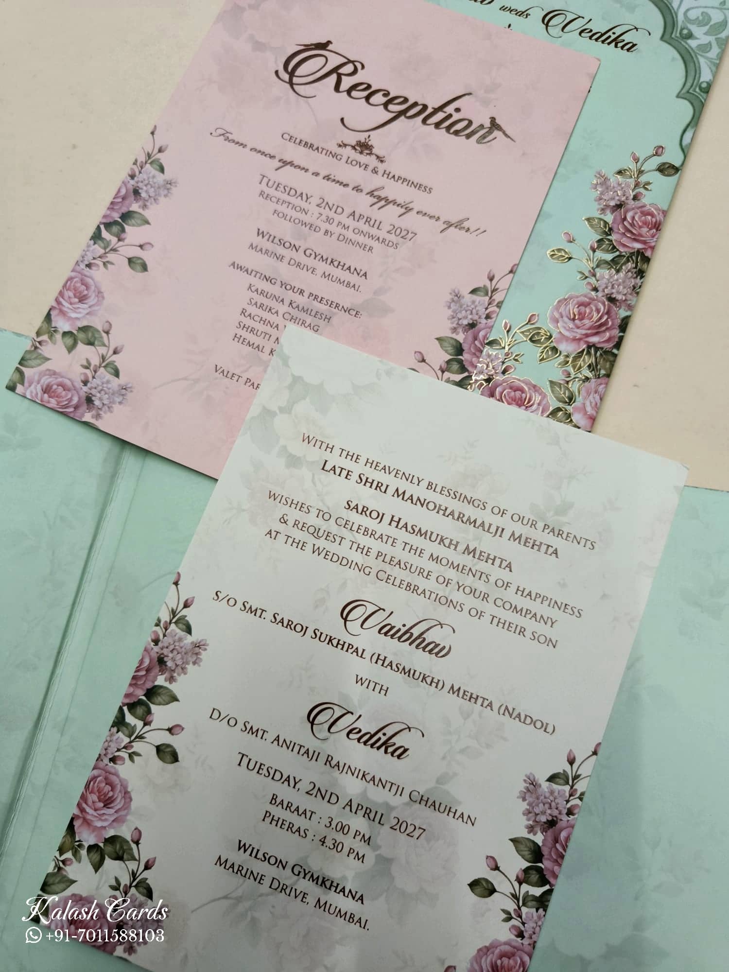 KLB803 Rose Floral Design Green Color Double Door Style Hardboard Padding Thick Wedding Card (2 Page & Couple Initial Acrylic)