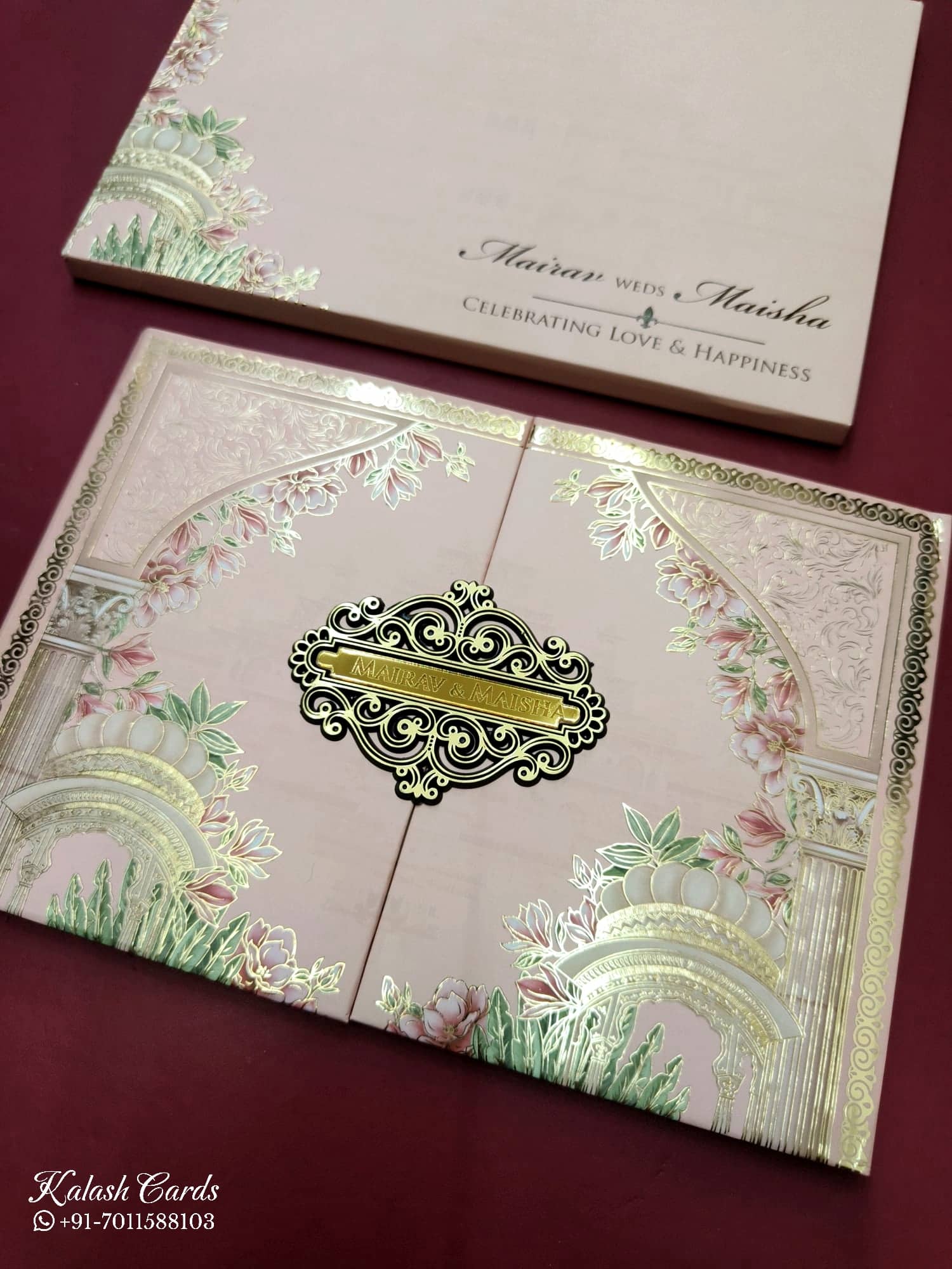 KLB804 Royal Fort Design Peach Color Double Door Style Hardboard Padding Thick Wedding Card (2 Page & Couple Name Acrylic)