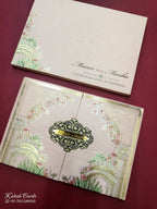 KLB804 Royal Fort Design Peach Color Double Door Style Hardboard Padding Thick Wedding Card (2 Page & Couple Name Acrylic)