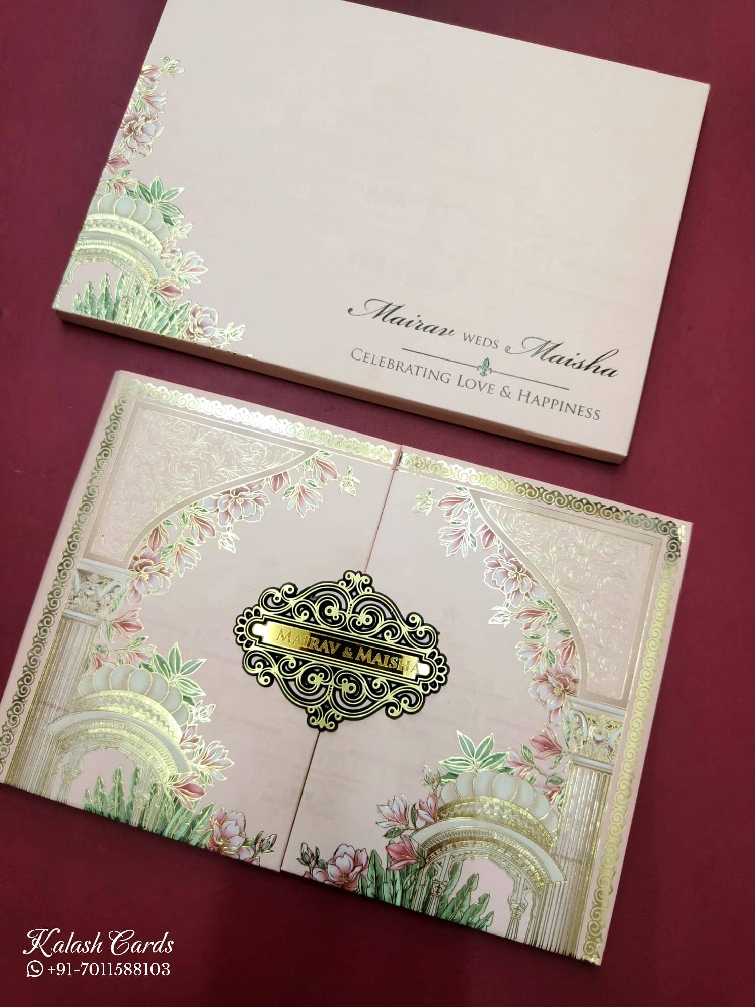 KLB804 Royal Fort Design Peach Color Double Door Style Hardboard Padding Thick Wedding Card (2 Page & Couple Name Acrylic)