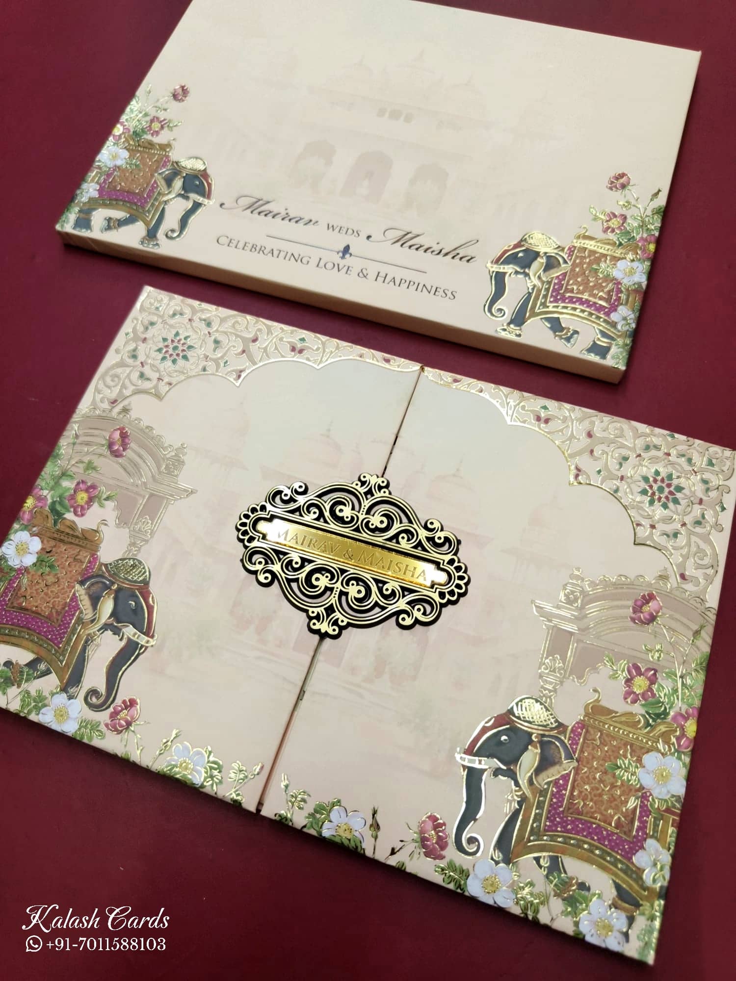 KLB805 Elephant Design Peach Color Double Door Style Hardboard Padding Thick Wedding Card (2 Page & Couple Name Acrylic)