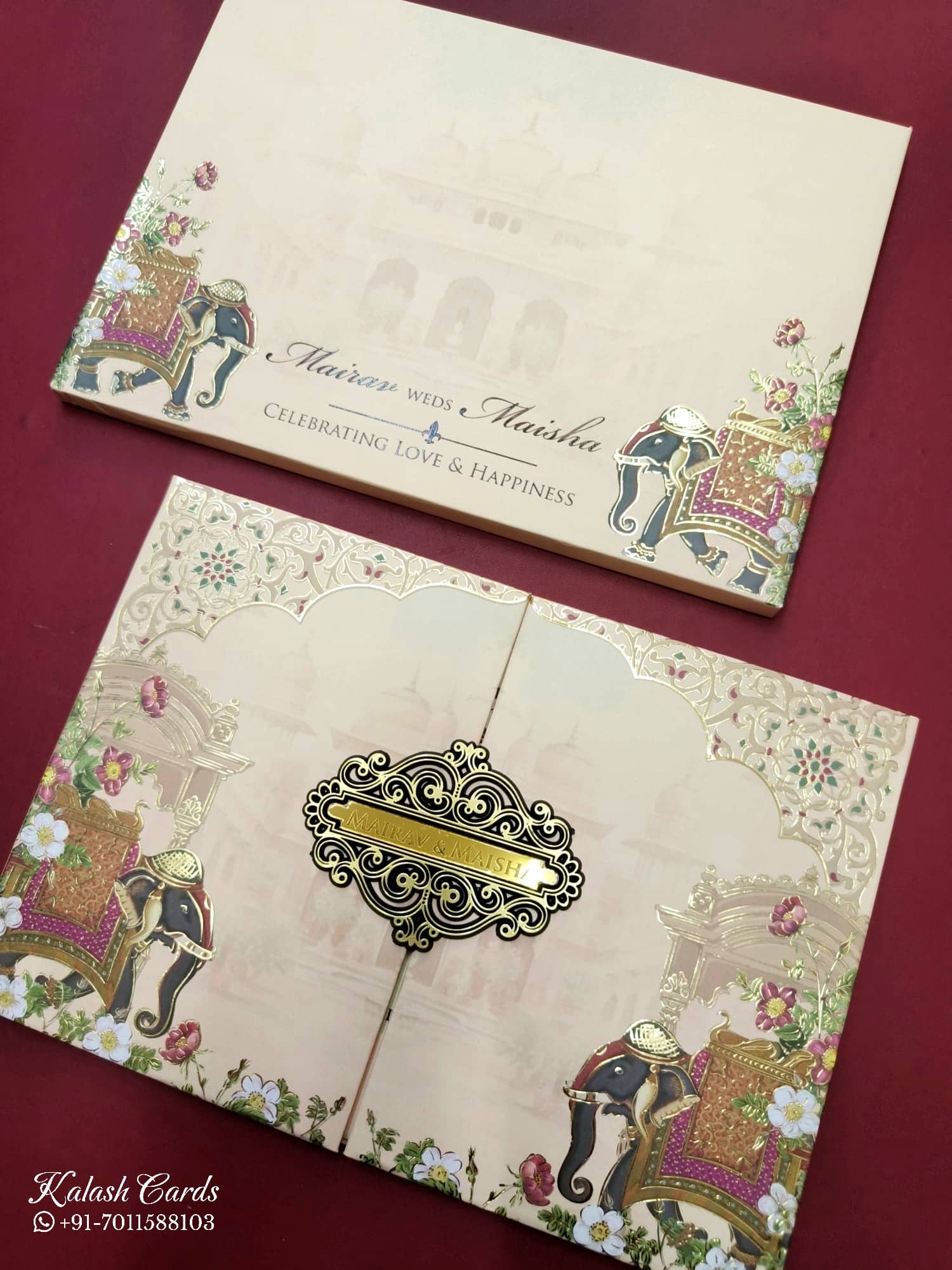 KLB805 Elephant Design Peach Color Double Door Style Hardboard Padding Thick Wedding Card (2 Page & Couple Name Acrylic)
