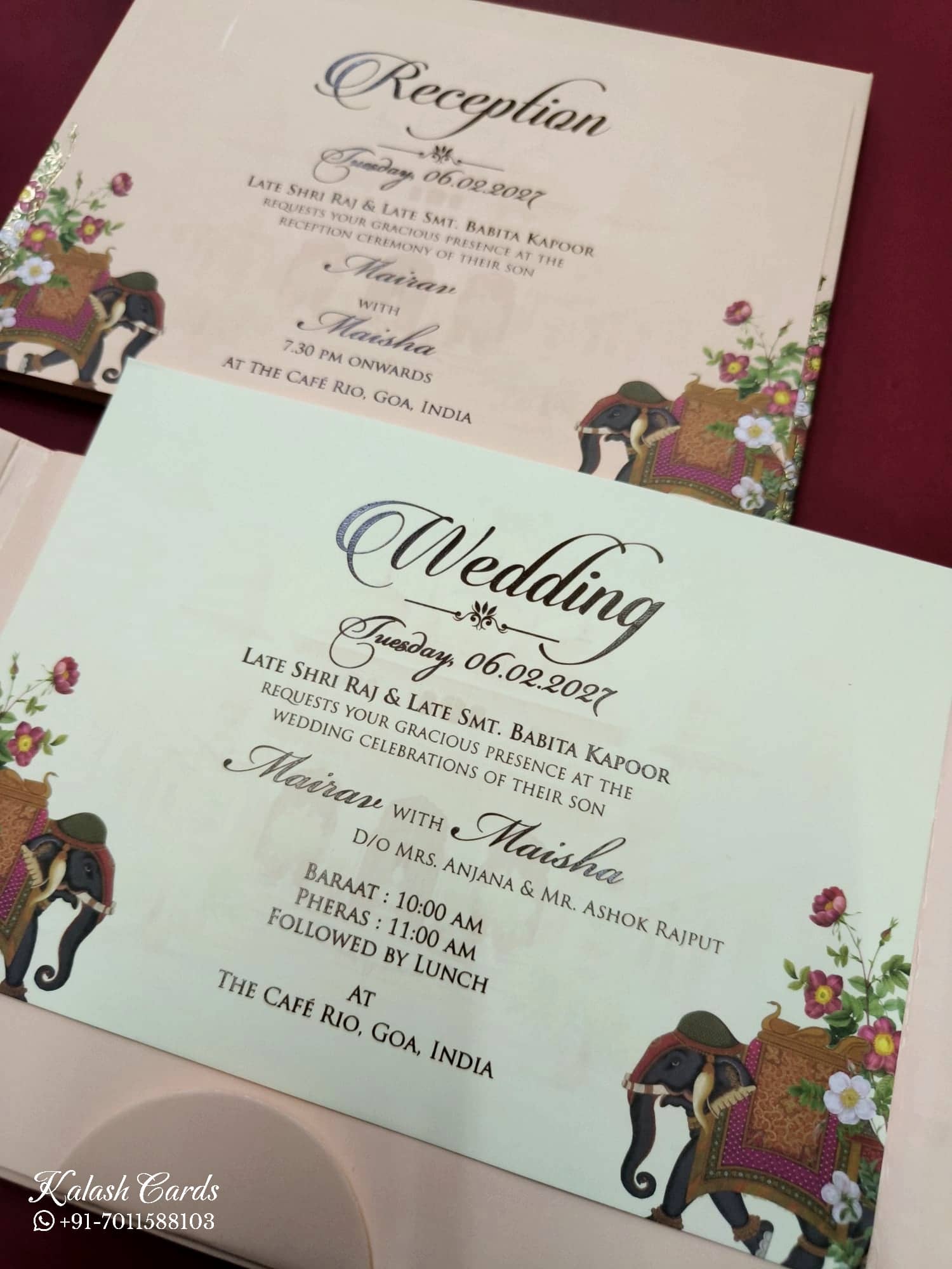 KLB805 Elephant Design Peach Color Double Door Style Hardboard Padding Thick Wedding Card (2 Page & Couple Name Acrylic)