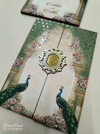 KLB806 Peacock Design Blue Green Color Double Door Style Wedding Card (2 Page & Couple Initial Acrylic)