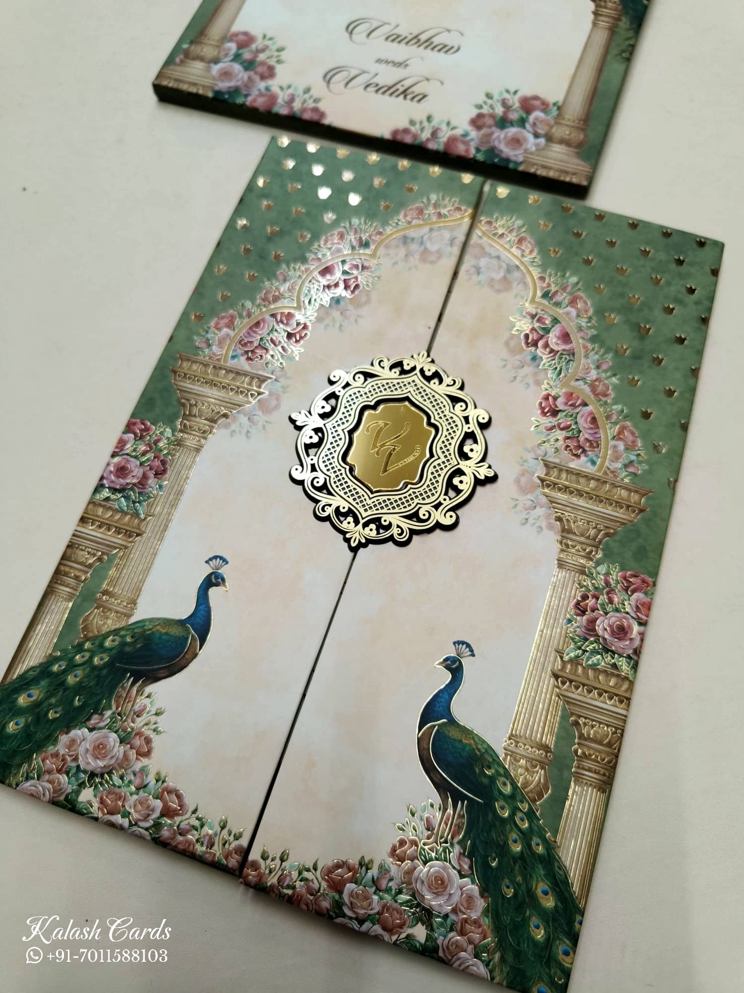 KLB806 Peacock Design Blue Green Color Double Door Style Wedding Card (2 Page & Couple Initial Acrylic)
