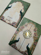KLB806 Peacock Design Blue Green Color Double Door Style Wedding Card (2 Page & Couple Initial Acrylic)