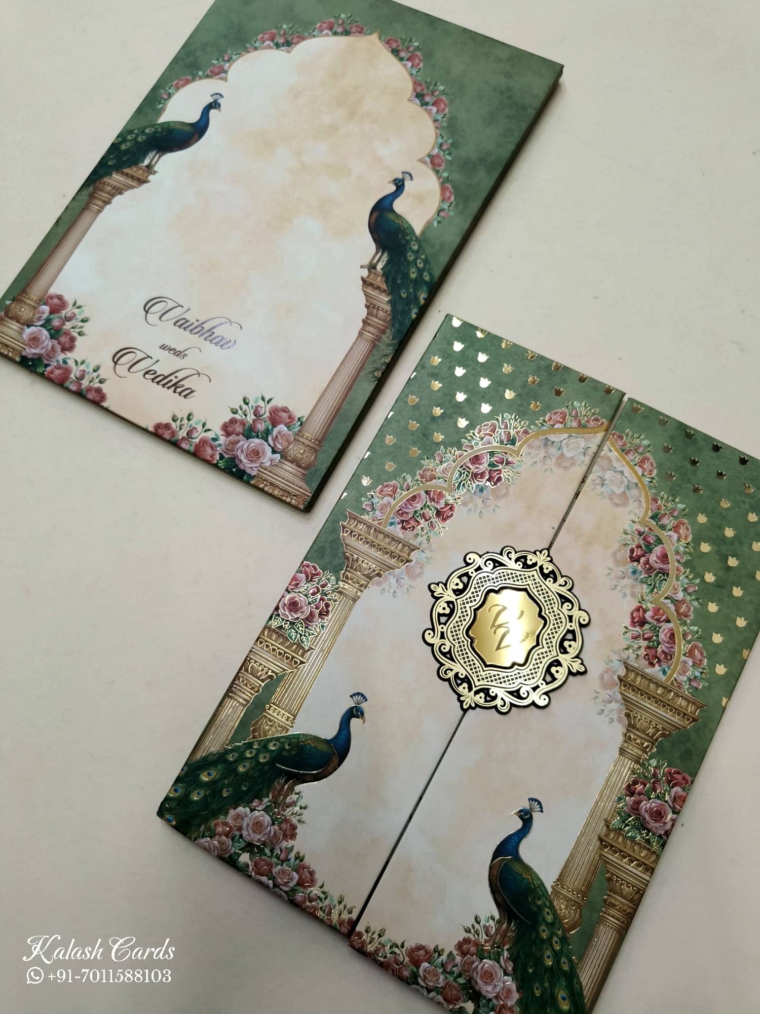 KLB806 Peacock Design Blue Green Color Double Door Style Wedding Card (2 Page & Couple Initial Acrylic)