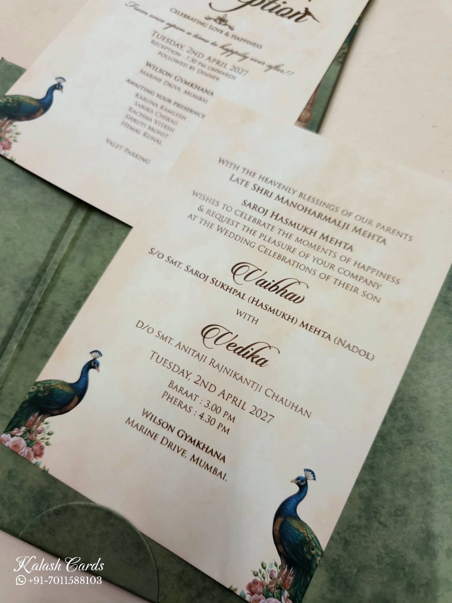 KLB806 Peacock Design Blue Green Color Double Door Style Wedding Card (2 Page & Couple Initial Acrylic)