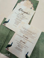 KLB806 Peacock Design Blue Green Color Double Door Style Wedding Card (2 Page & Couple Initial Acrylic)