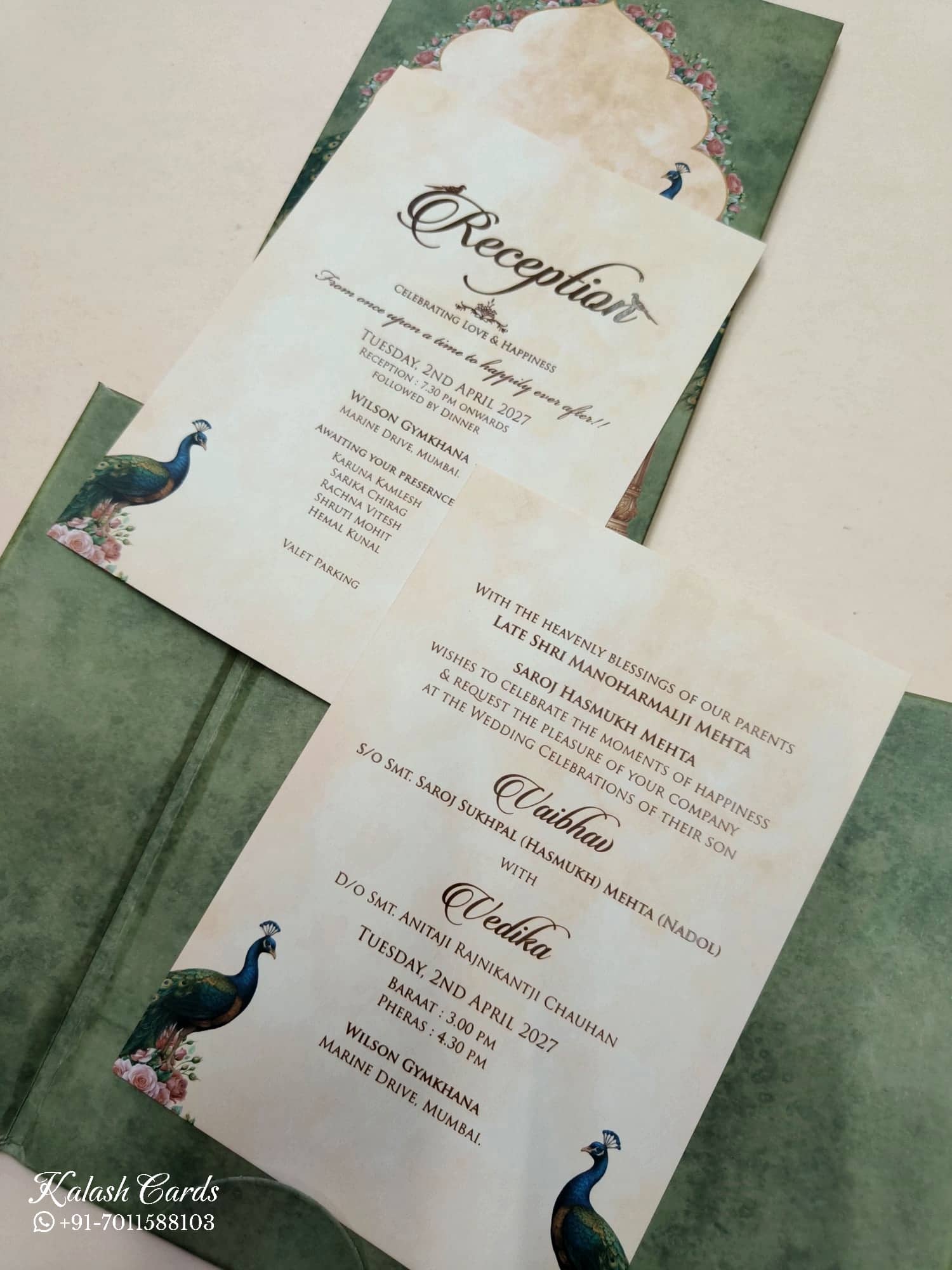 KLB806 Peacock Design Blue Green Color Double Door Style Wedding Card (2 Page & Couple Initial Acrylic)