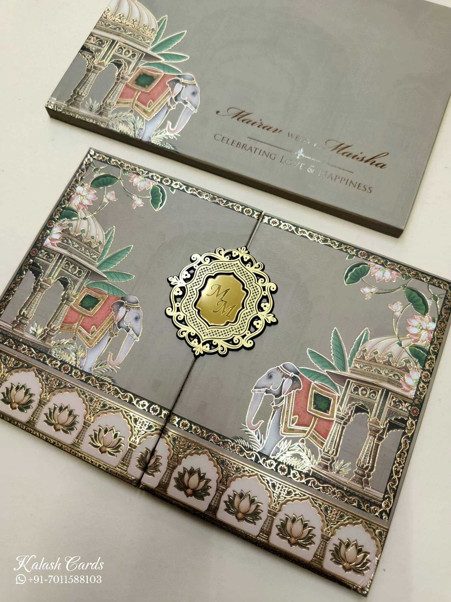 KLB807 Elephant Design Brown Color Double Door Style Hardboard Padding Thick Wedding Card (2 Page & Couple Initial Acrylic)