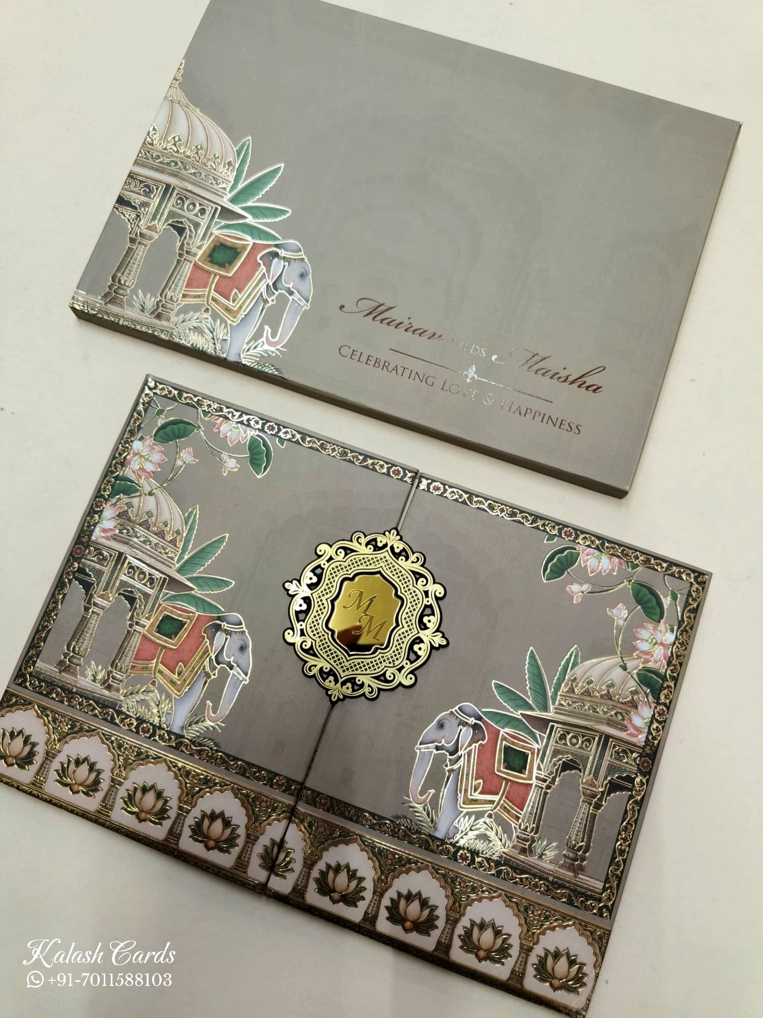 KLB807 Elephant Design Brown Color Double Door Style Hardboard Padding Thick Wedding Card (2 Page & Couple Initial Acrylic)