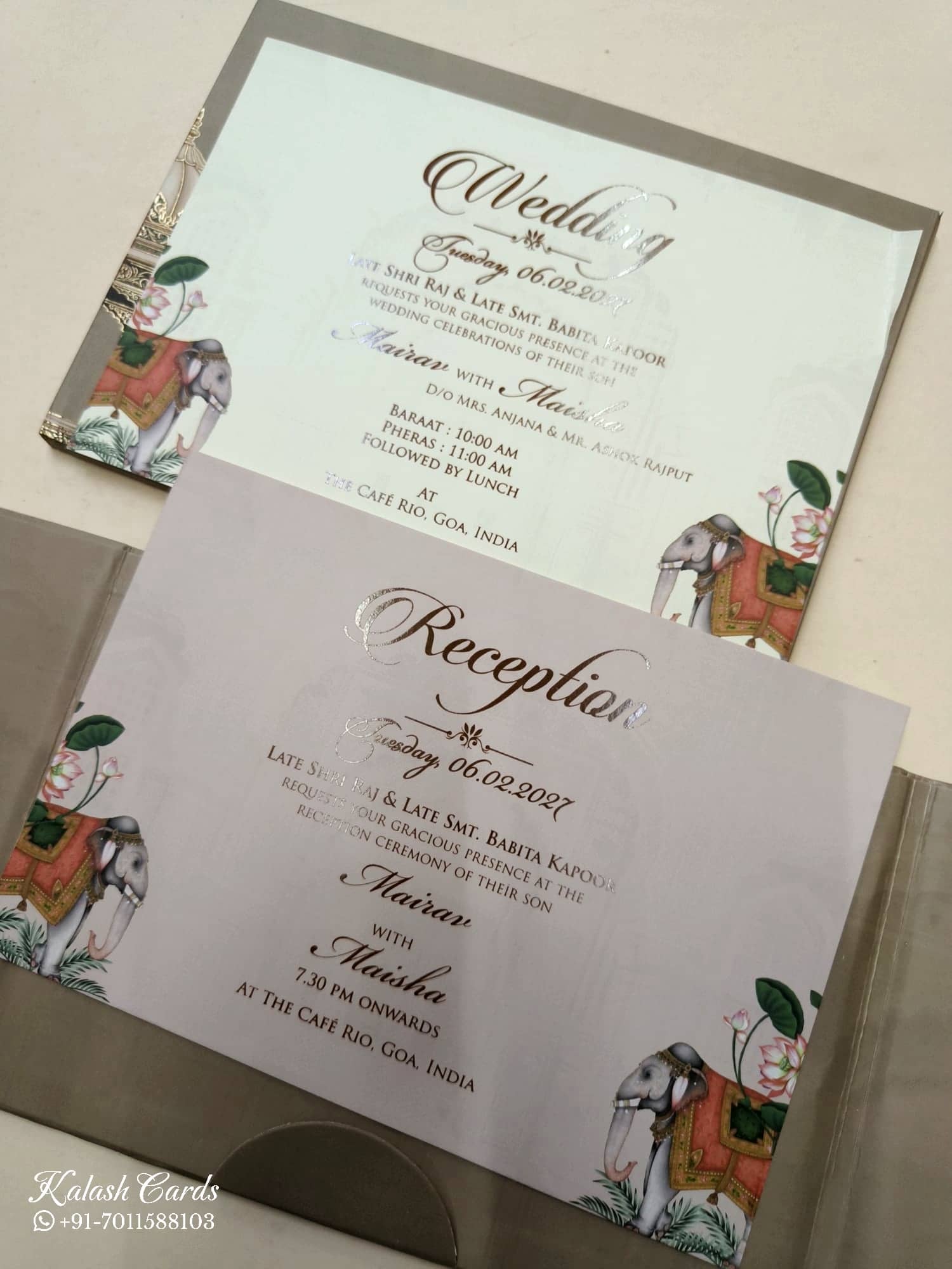 KLB807 Elephant Design Brown Color Double Door Style Hardboard Padding Thick Wedding Card (2 Page & Couple Initial Acrylic)