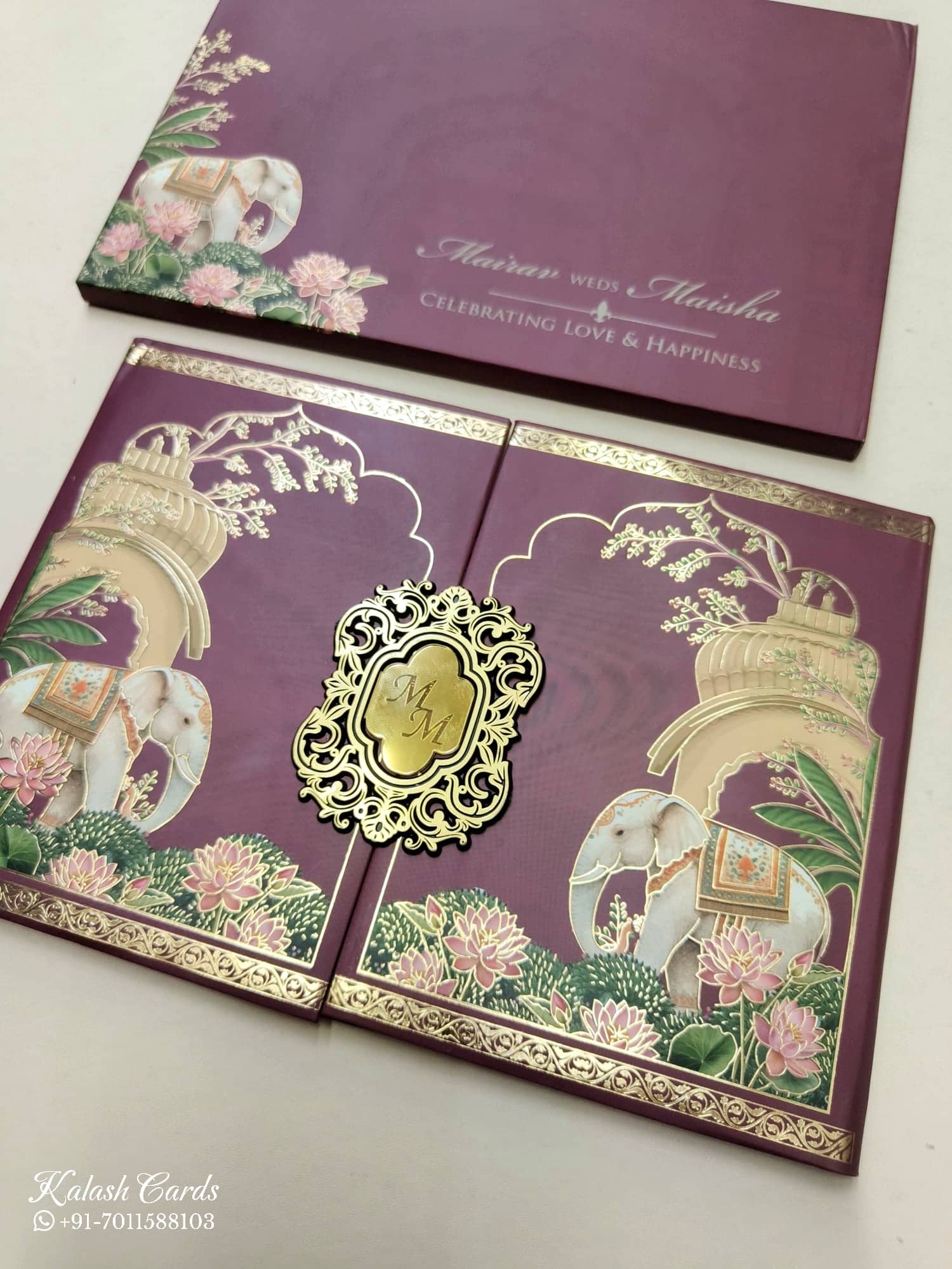 KLB808 Elephant Design Maroon Color Double Door Style Hardboard Padding Thick Wedding Card (2 Page & Couple Initial Acrylic)
