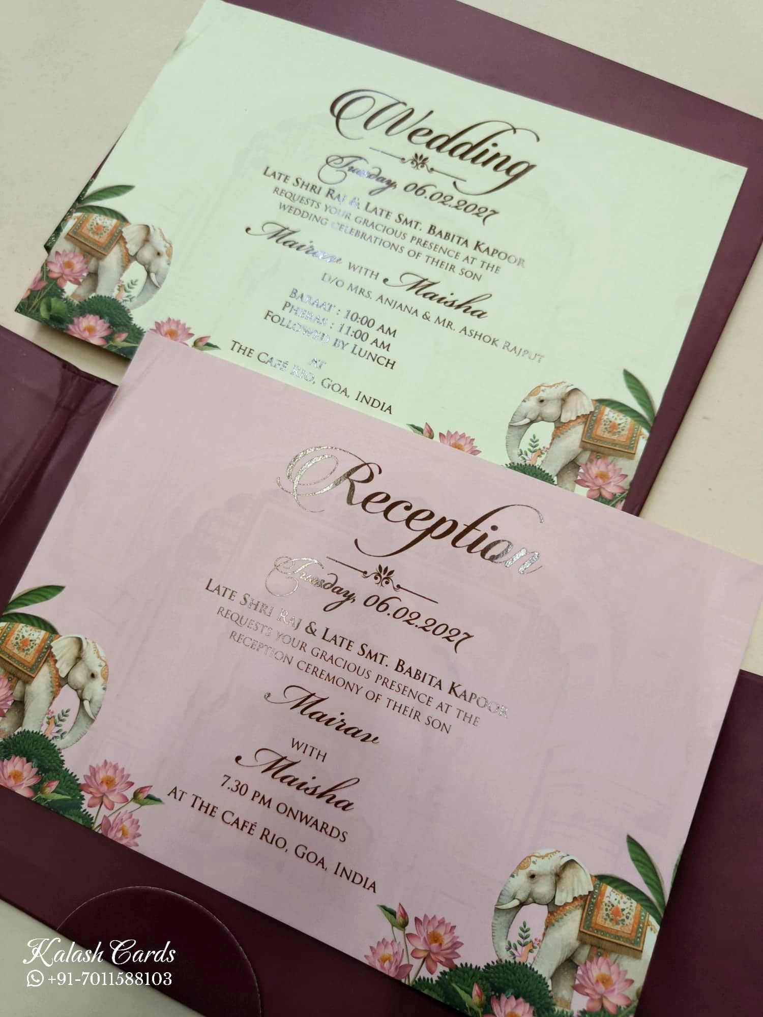 KLB808 Elephant Design Maroon Color Double Door Style Hardboard Padding Thick Wedding Card (2 Page & Couple Initial Acrylic)