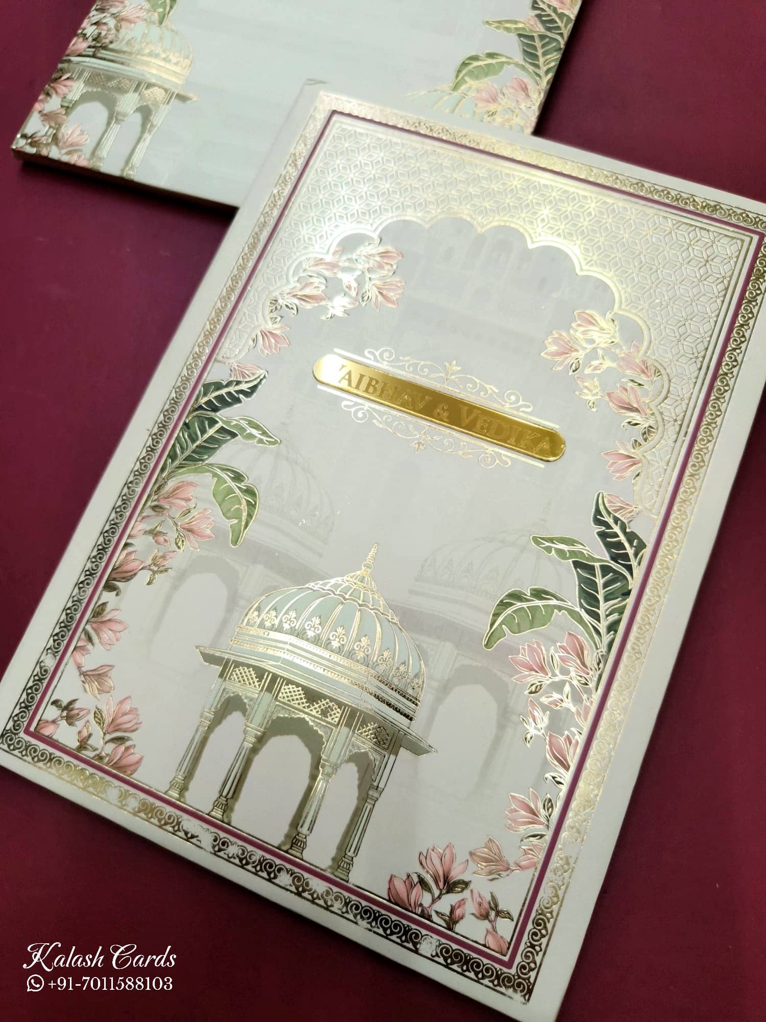 KLB809 Royal Fort Design Creme Color Hardboard Padding Thick Wedding Card (2 Page & Couple Name Acrylic)