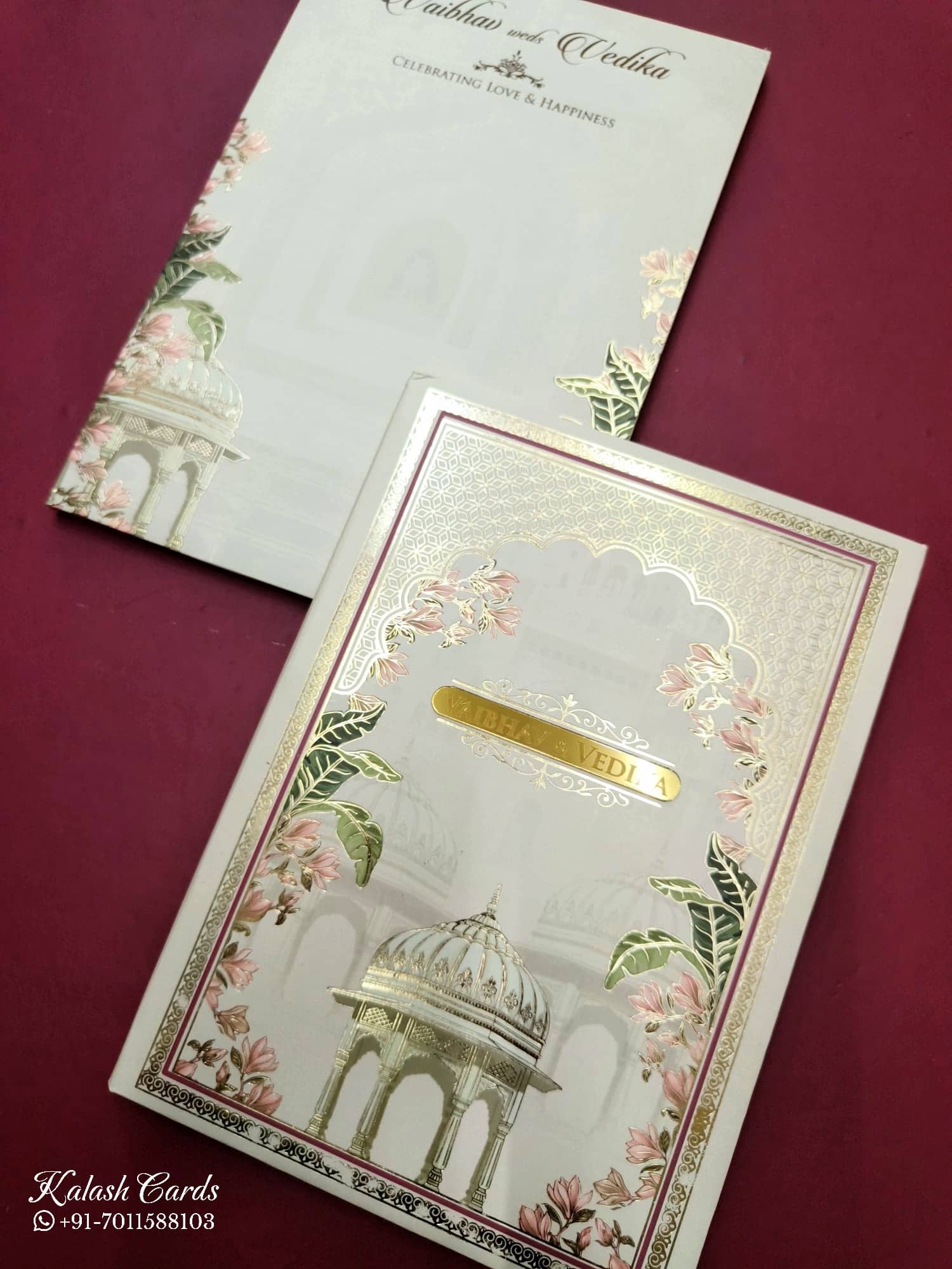 KLB809 Royal Fort Design Creme Color Hardboard Padding Thick Wedding Card (2 Page & Couple Name Acrylic)