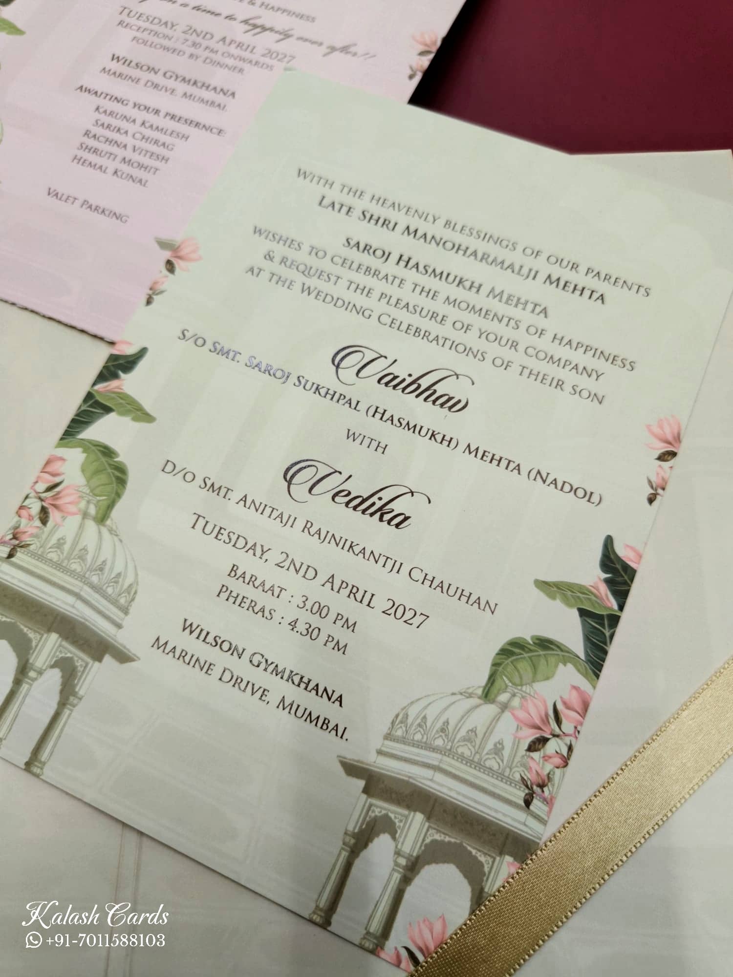KLB809 Royal Fort Design Creme Color Hardboard Padding Thick Wedding Card (2 Page & Couple Name Acrylic)